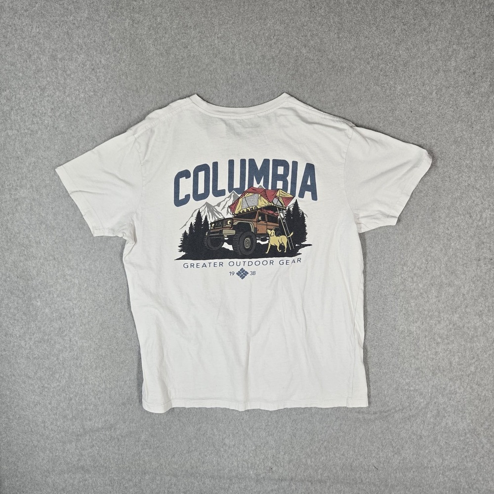 Columbia Men Shirt L White Graphic Camping Truck Logo Short Sleeve Print